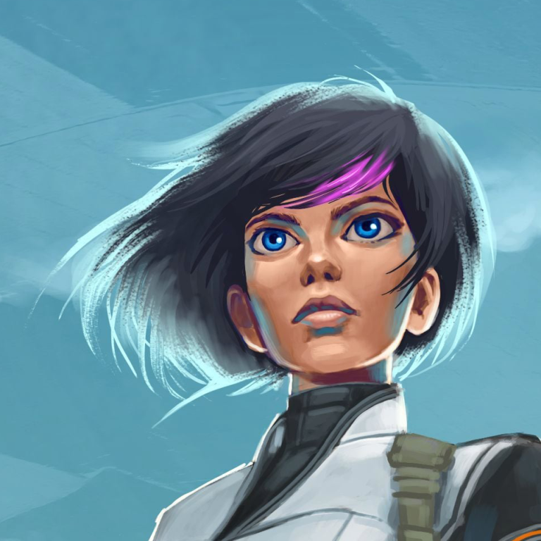 Closeup detail from the cover of The Mutineer: The main heroine, Imogen, gazing steadfast into the future, her jet black hair with a pink streak waving around her head.