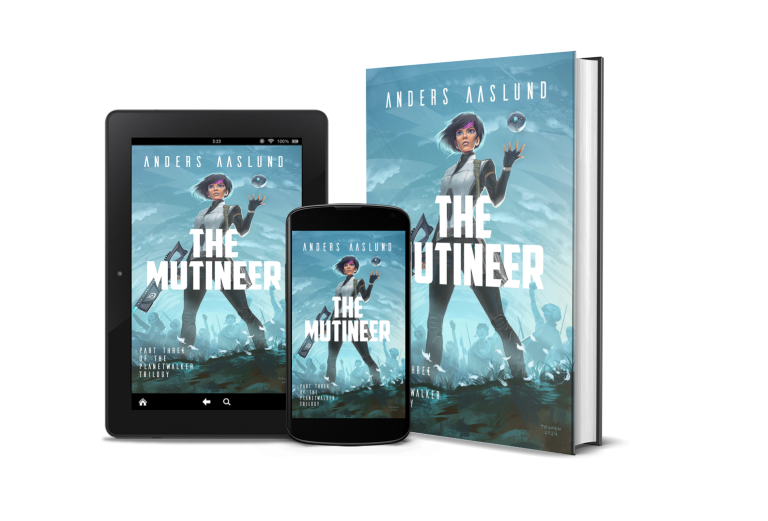 Composite image of three versions of The Mutineer novel: epub for tablet, epub for mobile, and paperback.